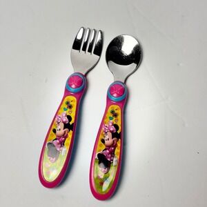 Disney Minnie Mouse Toddler Fork and Spoon Set Pink Blue Kids Flatware Utensils